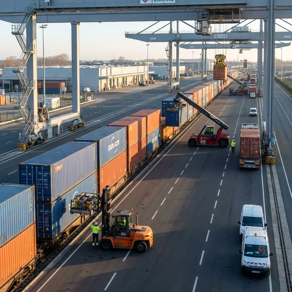 Freight train being loaded with containers at a rail terminal, with a reach stacker, a forklift and a worker in a high-visibility vest beside the tracks under grey gantry cranes.